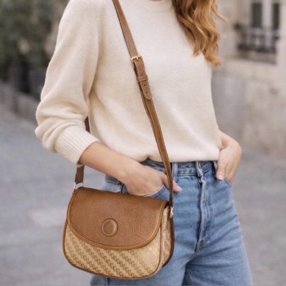 Gucci GG Jacquard Canvas Saddle Crossbody Bag, Leather Trim, Vintage 1980s